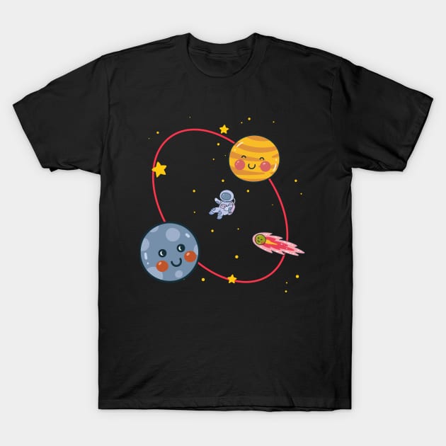 Astronaut With Planets Funny T-shirt Design T-Shirt by Awe Cosmos Store